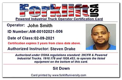 forklift usa sample hard card